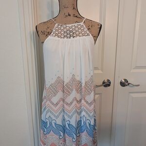 My Michelle White and Blue Geometric Halter Dress